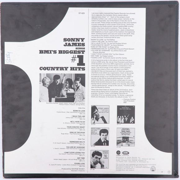 Sonny James The Biggest Hits In Country Music History BMI 12" LP Vinyl ST-629 LA - Picture 2 of 11